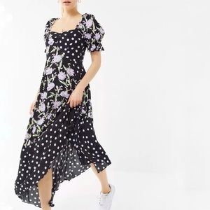 Urban Outfitters floral polka dot dress asymmetric sweetheart bodice midi maxi S